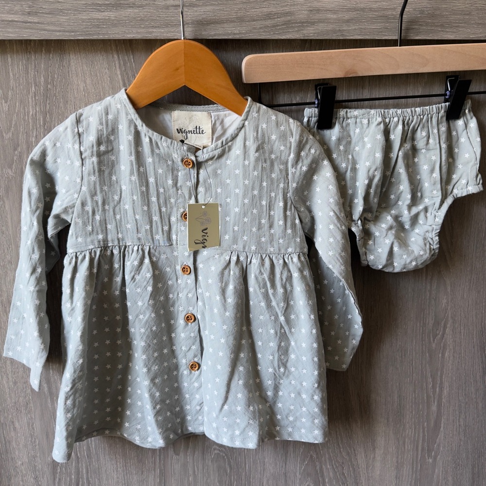 Vignette Tunic Bloomer Set Baby 12-18M Sage Green Star Cotton Boho Celestial